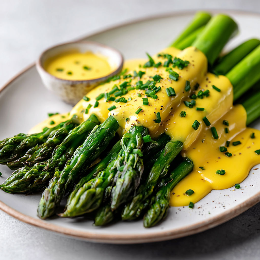 A plate of asparagus with hollandaise sauce.