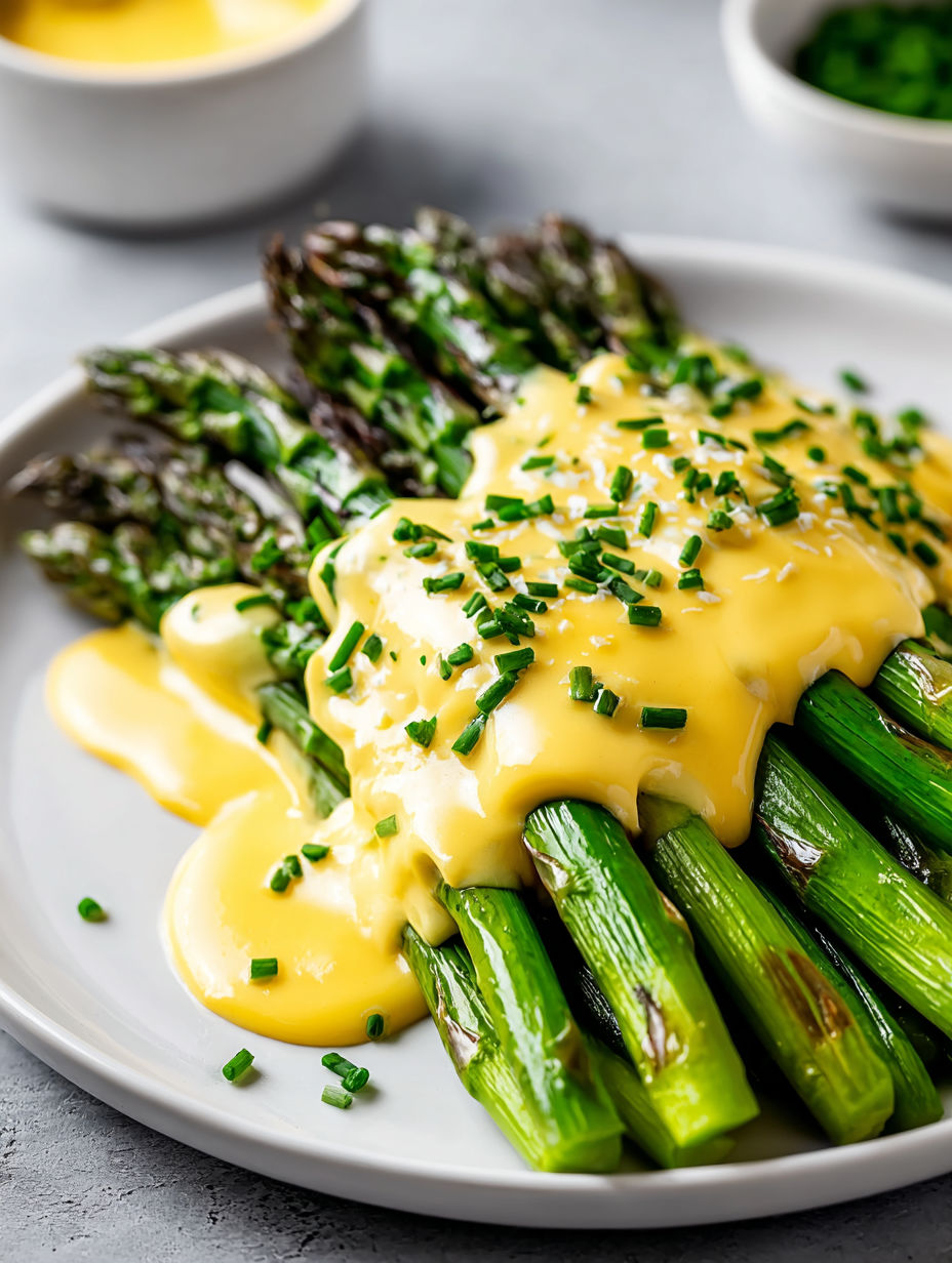A plate of food with asparagus and hollandaise sauce.