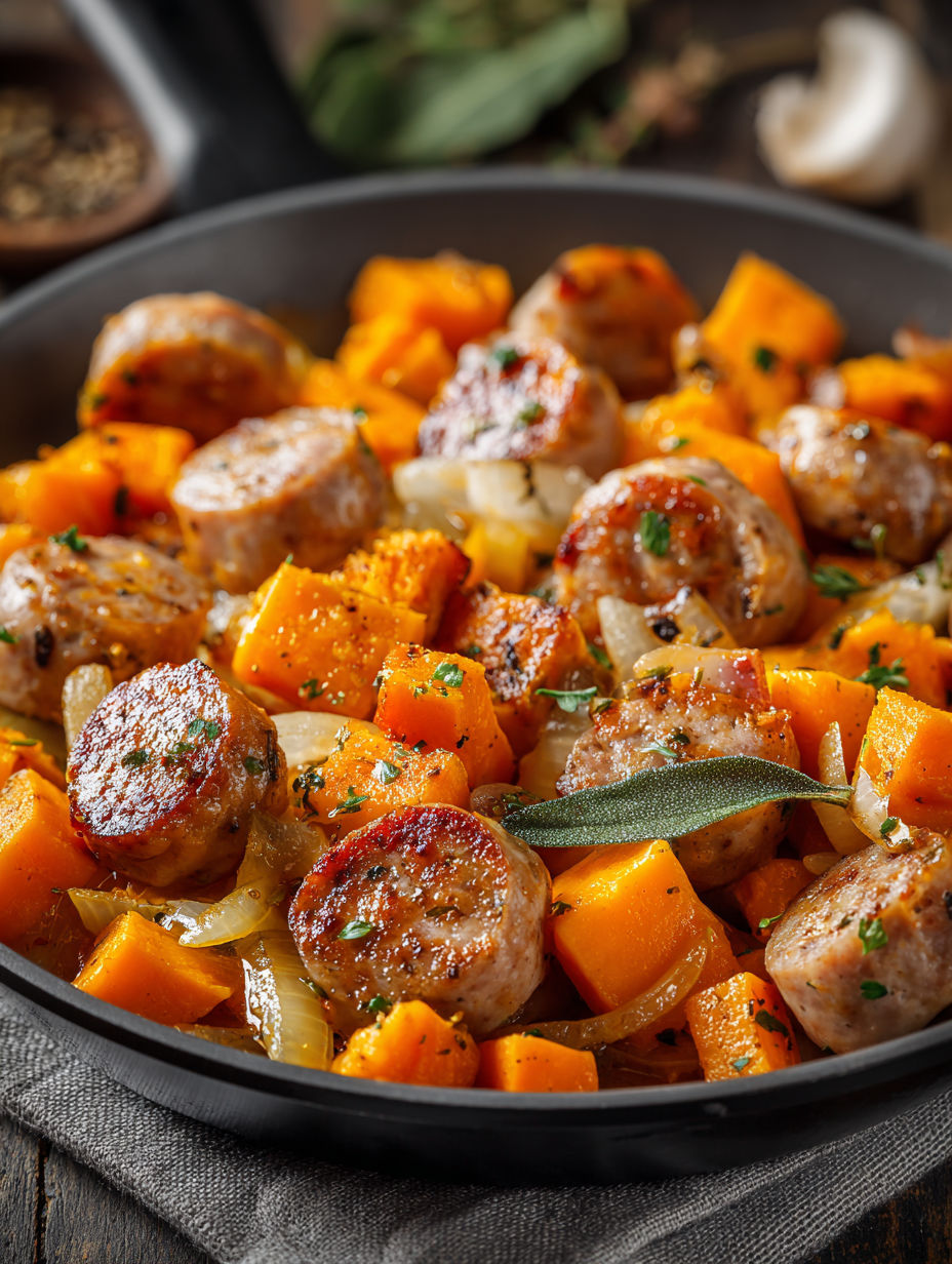 A skillet of chicken sausage and sweet potatoes.