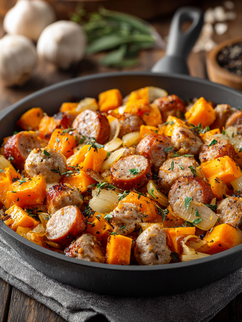 A skillet of chicken sausage and sweet potatoes.