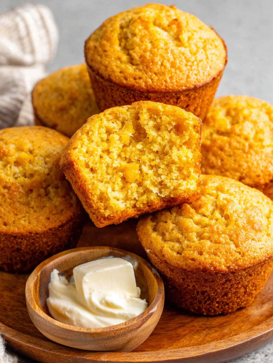 A wooden tray with a bowl of butter and a stack of cornbread muffins.