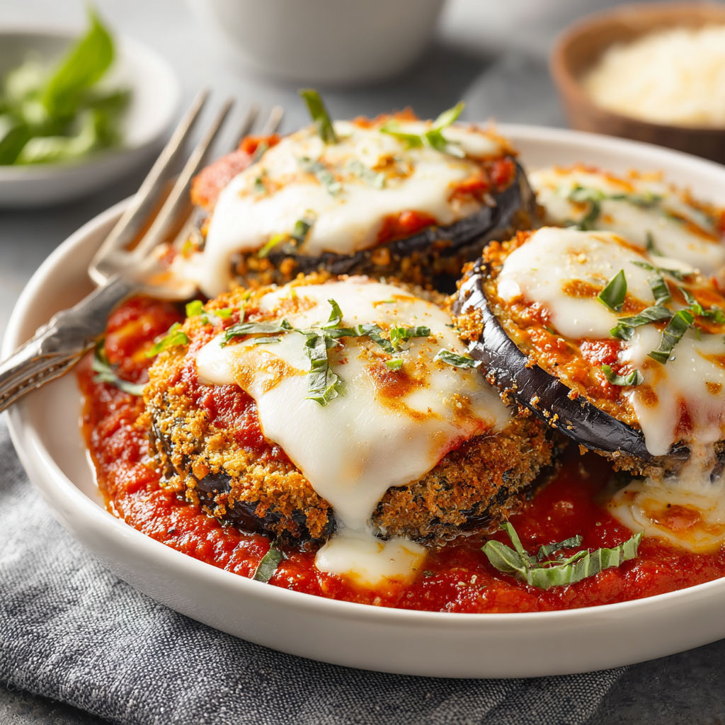 A plate of vegan eggplant parmesan.