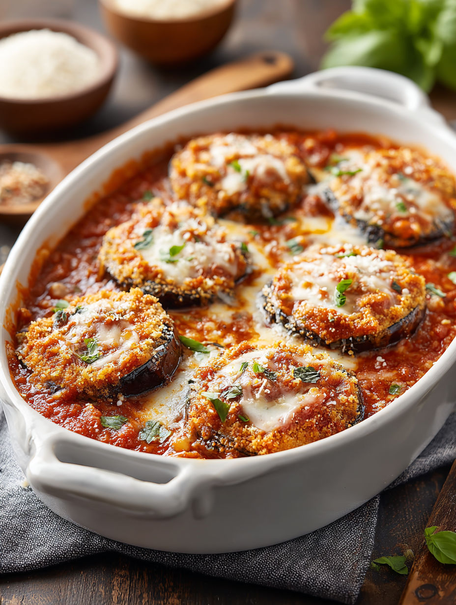 A dish of vegan eggplant parmesan.