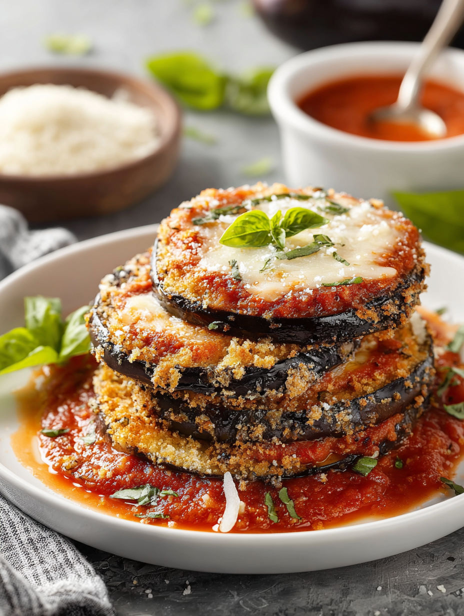 A stack of vegan eggplant parmesan.