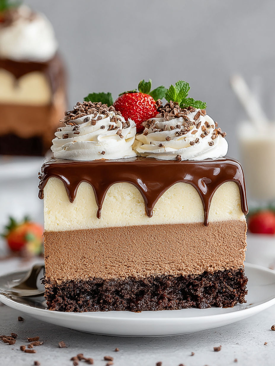A slice of triple chocolate mousse cake.