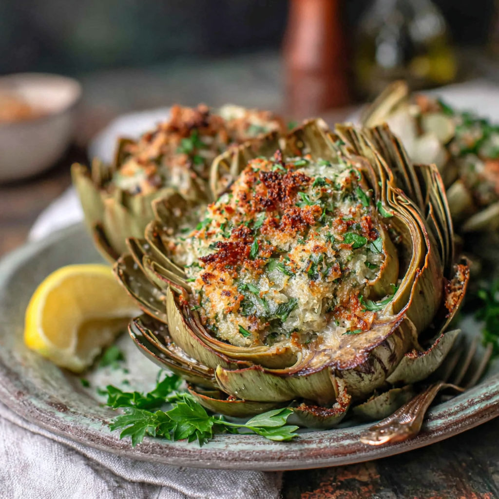 A plate of stuffed artichokes with a lemon wedge on the side.