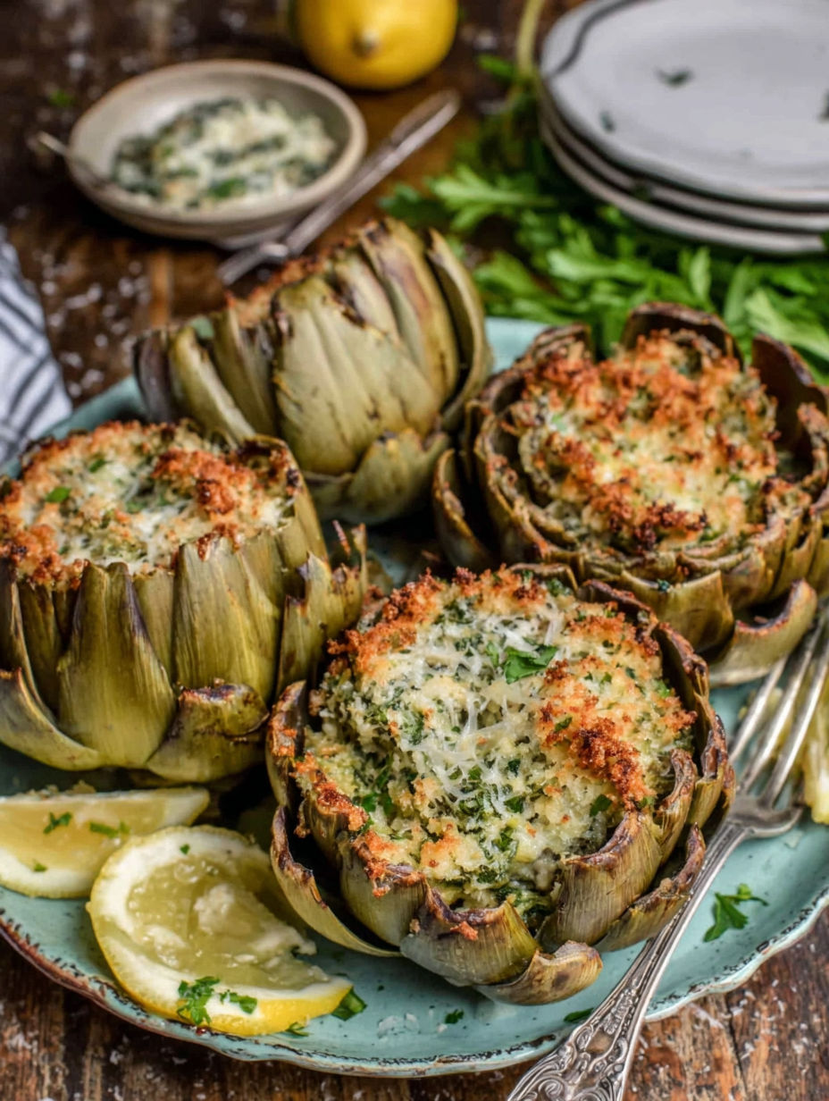 Stuffed artichokes on a plate.
