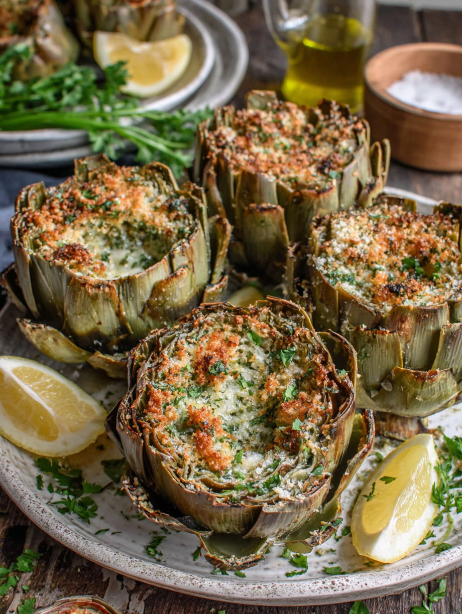 Stuffed artichokes on a plate.