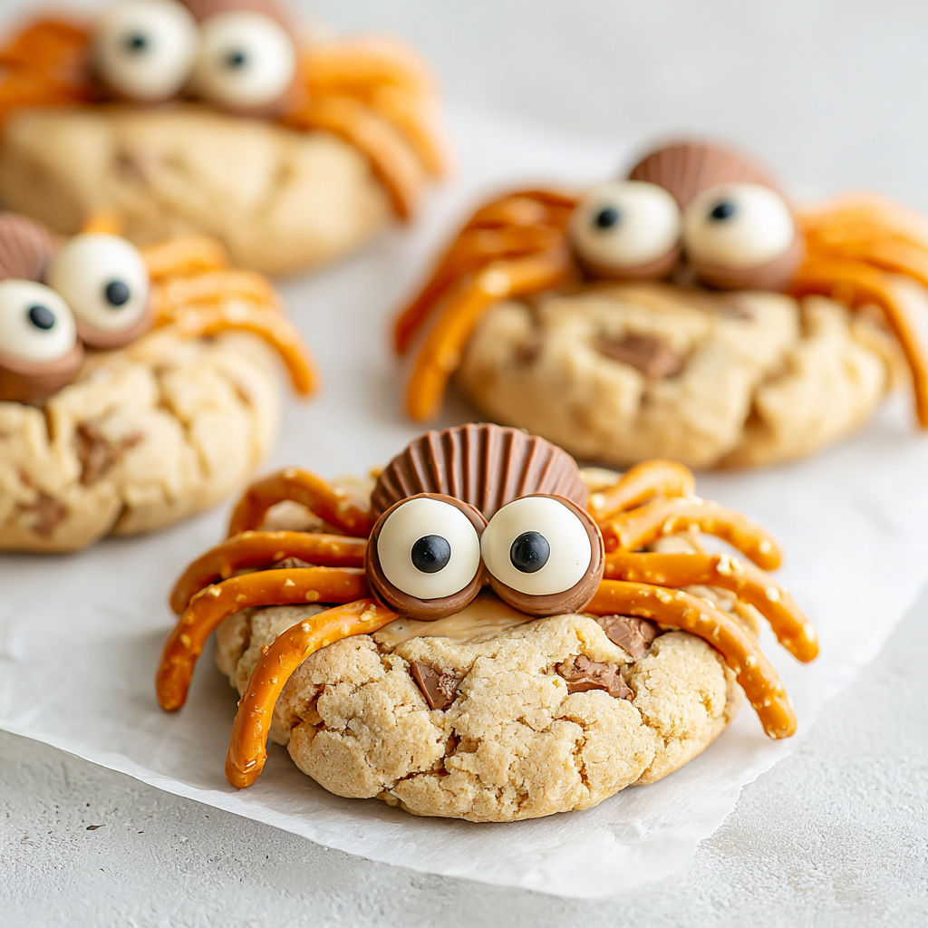 Peanut butter spider cookies with chocolate eyes.