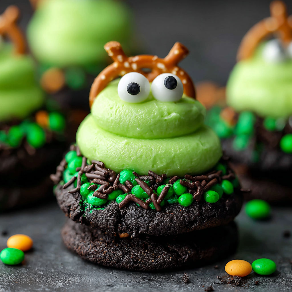 A green cookie with a face made of green and brown frosting.