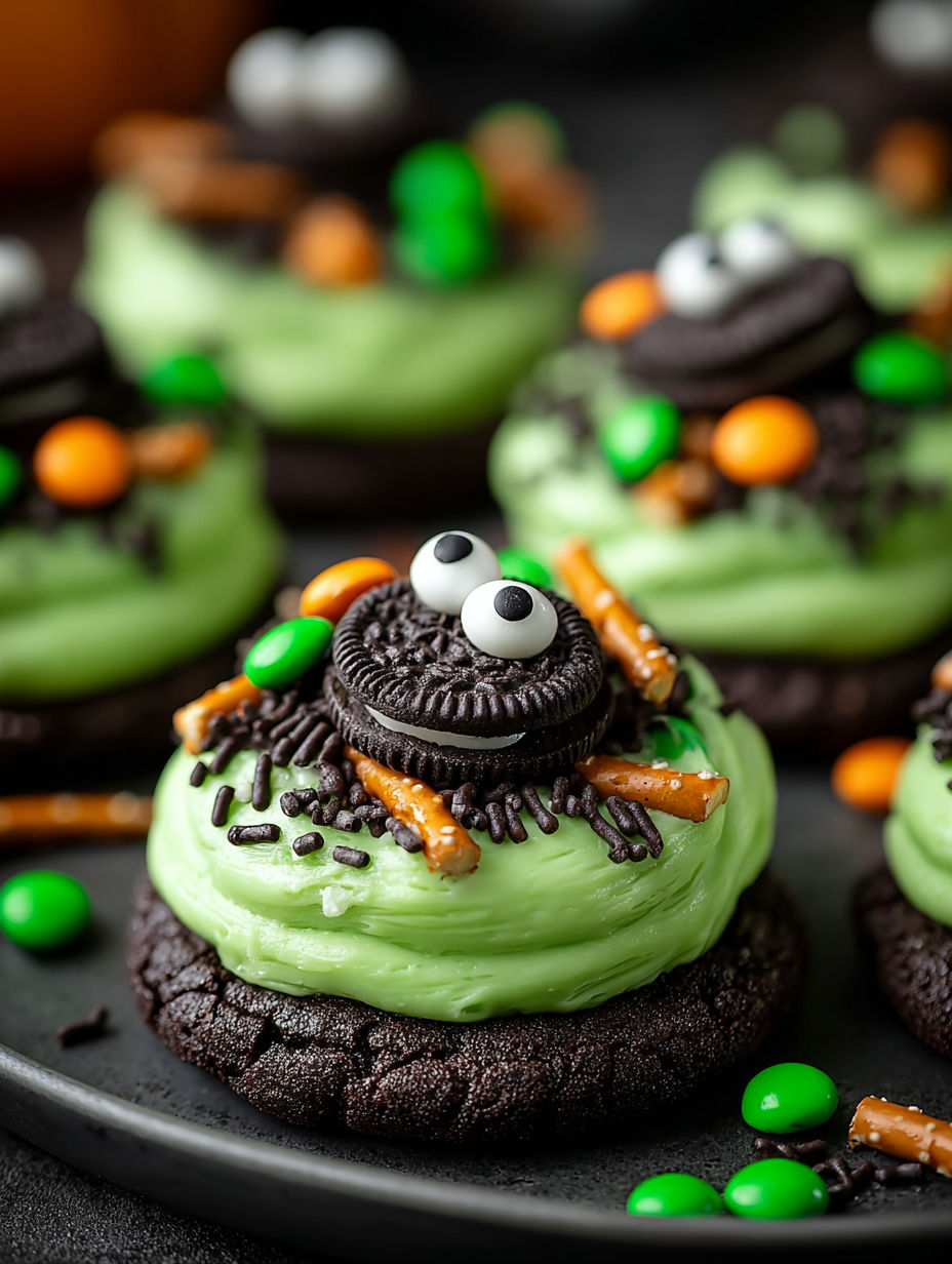 A plate of cookies with a green and orange decoration.