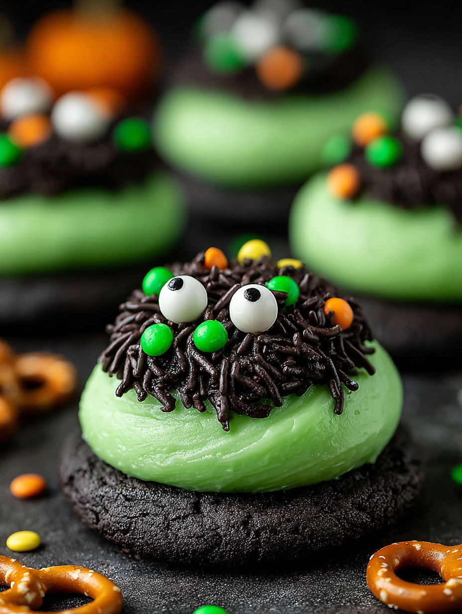 A green and black cookie with a face on it.