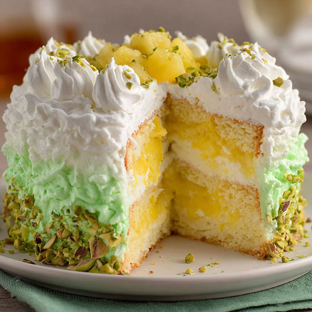 A slice of tropical pistachio cake on a plate.