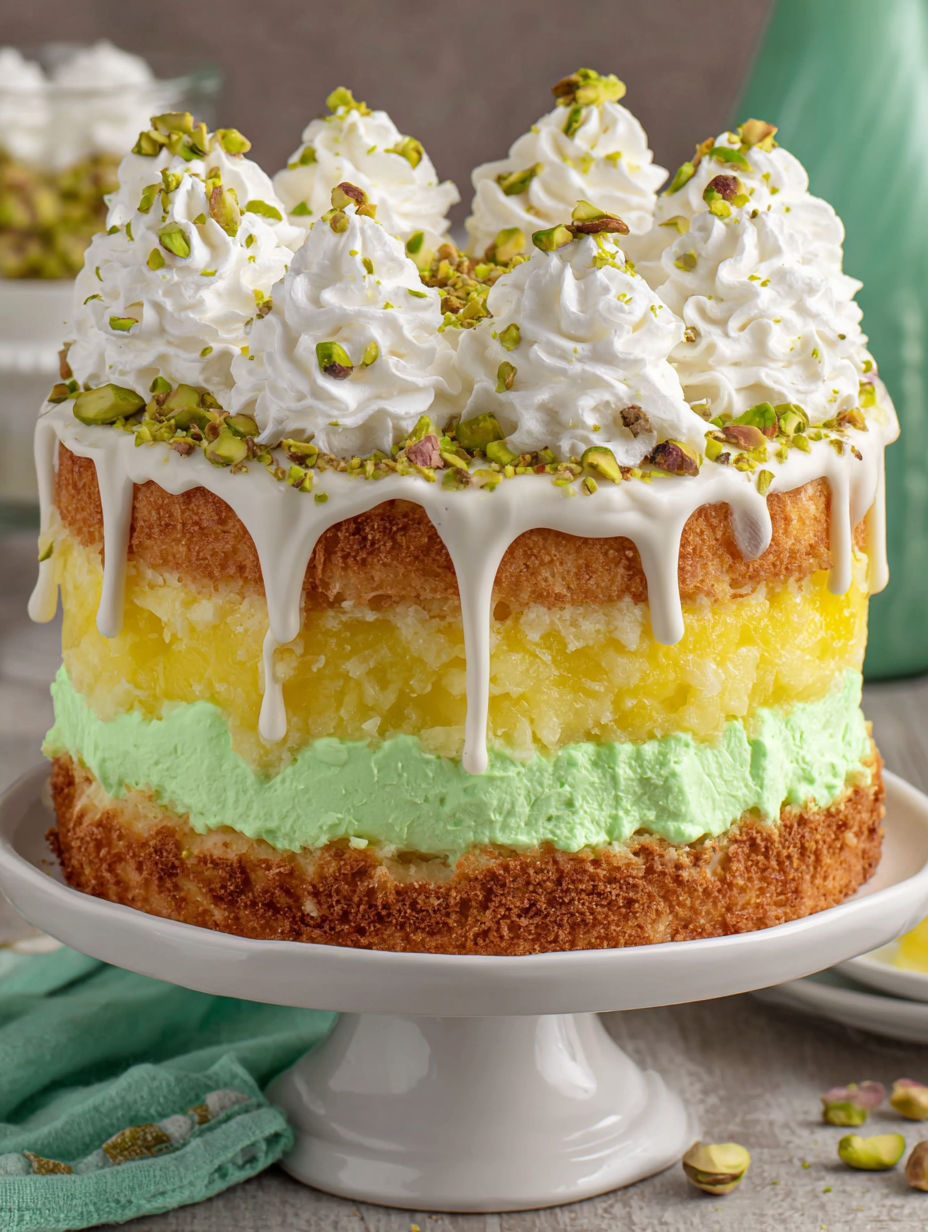 A multi-layered cake with white frosting and green and yellow layers.