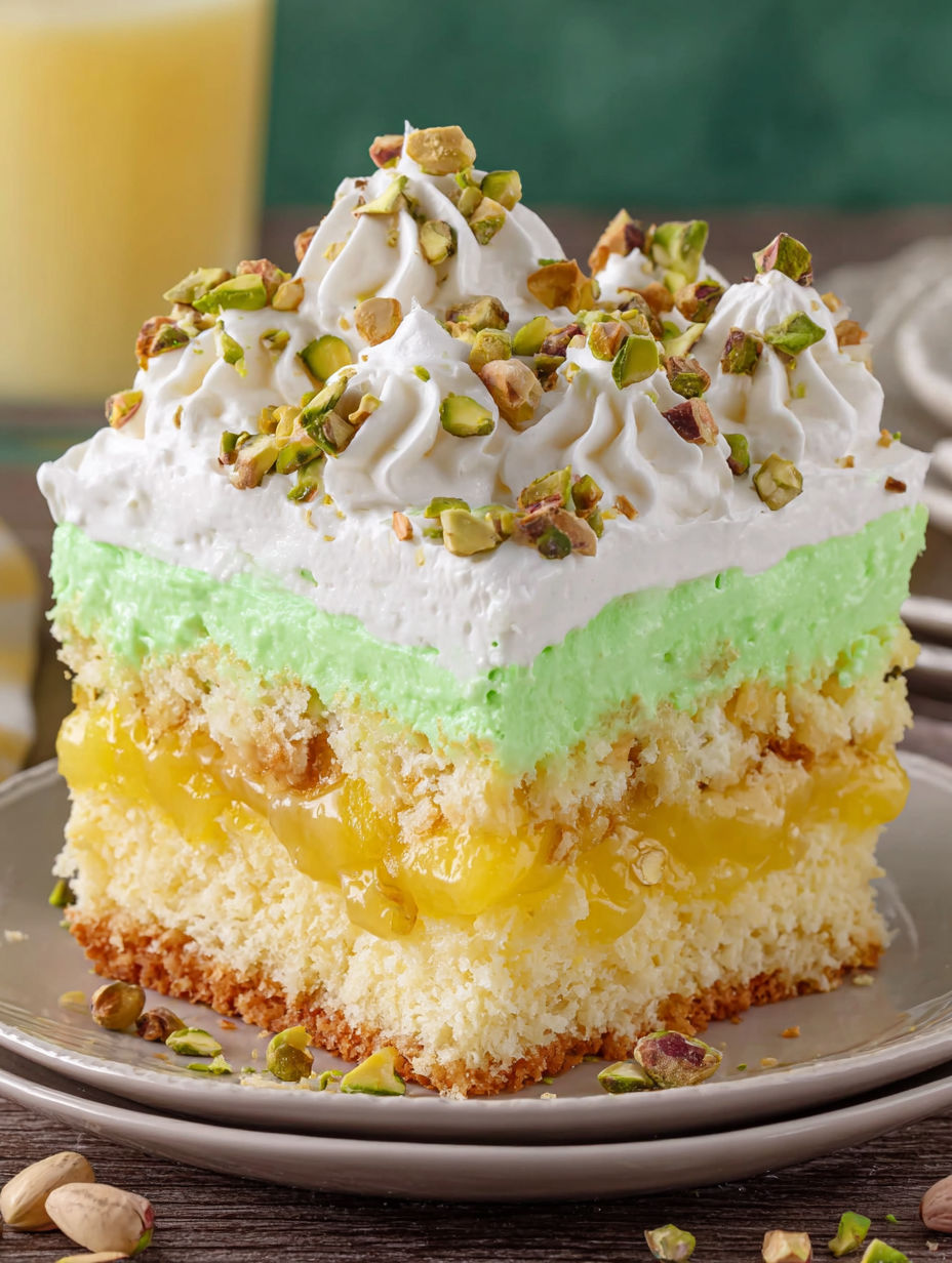 A slice of tropical pistachio cake on a plate.