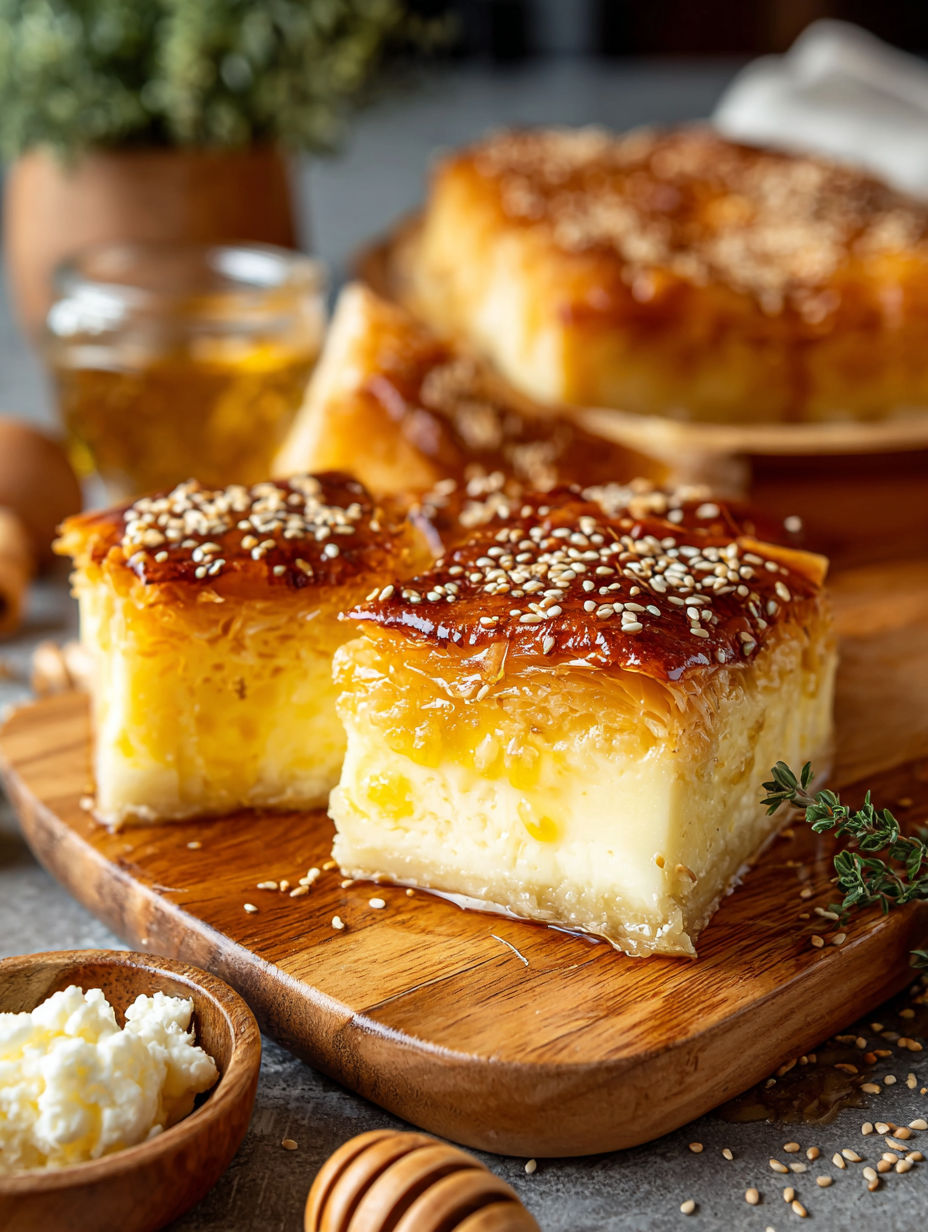 A slice of golden Greek honey pie.