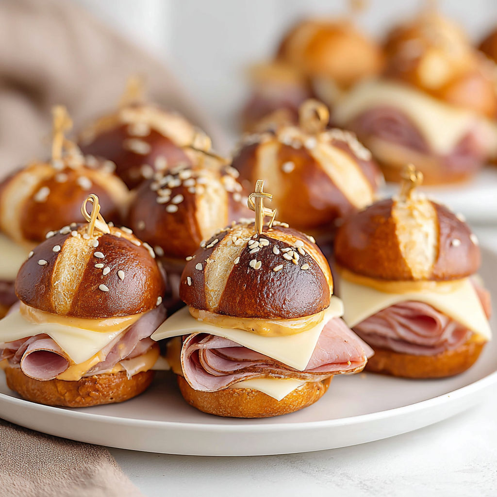 A plate of honey mustard ham and cheese on pretzel sliders.