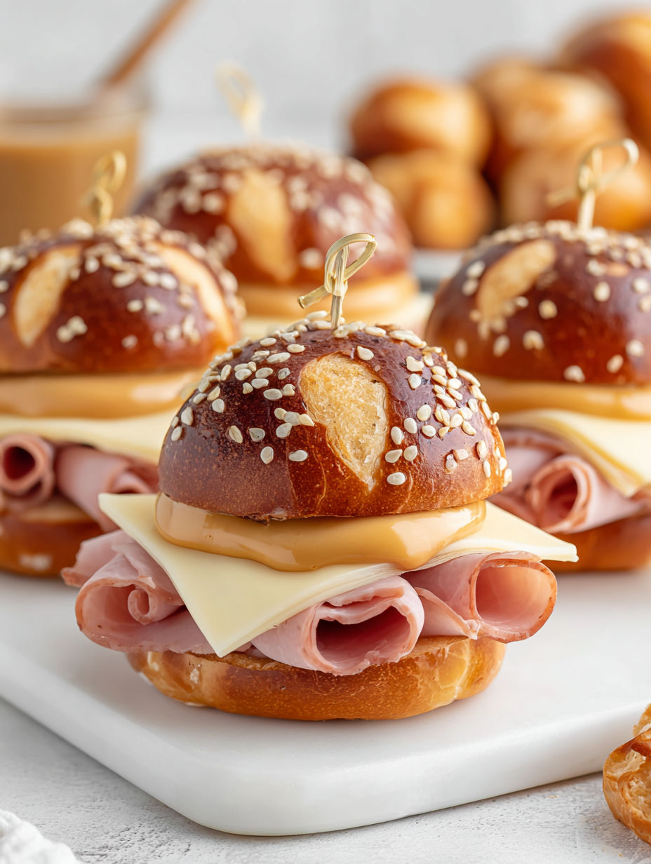 A honey mustard ham and cheese on pretzel slider.