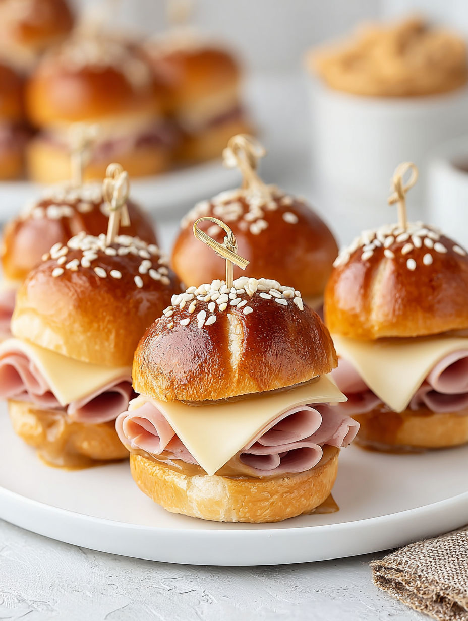 A plate of honey mustard ham and cheese on pretzel sliders.