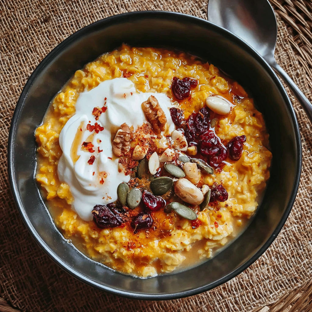 A bowl of oatmeal with nuts and raisins.