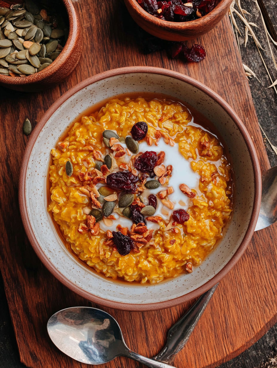 A bowl of pumpkin oatmeal with raisins and nuts.