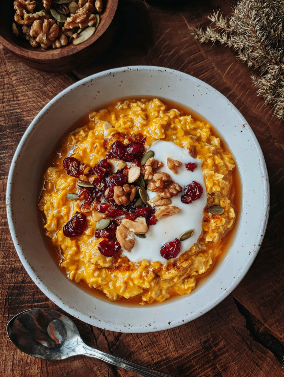 A bowl of pumpkin oatmeal with nuts and fruit on top.