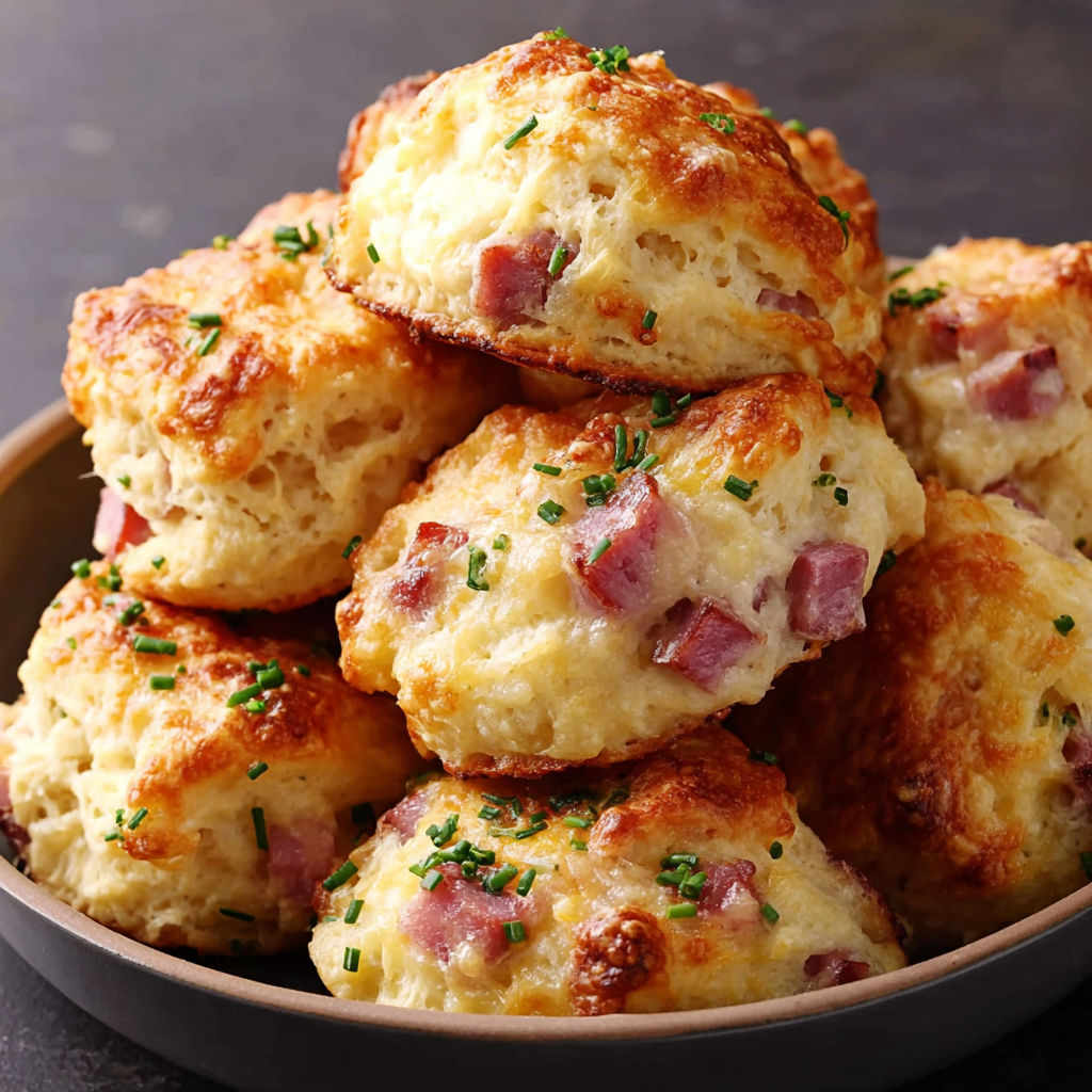 A stack of biscuits with ham and cheese.