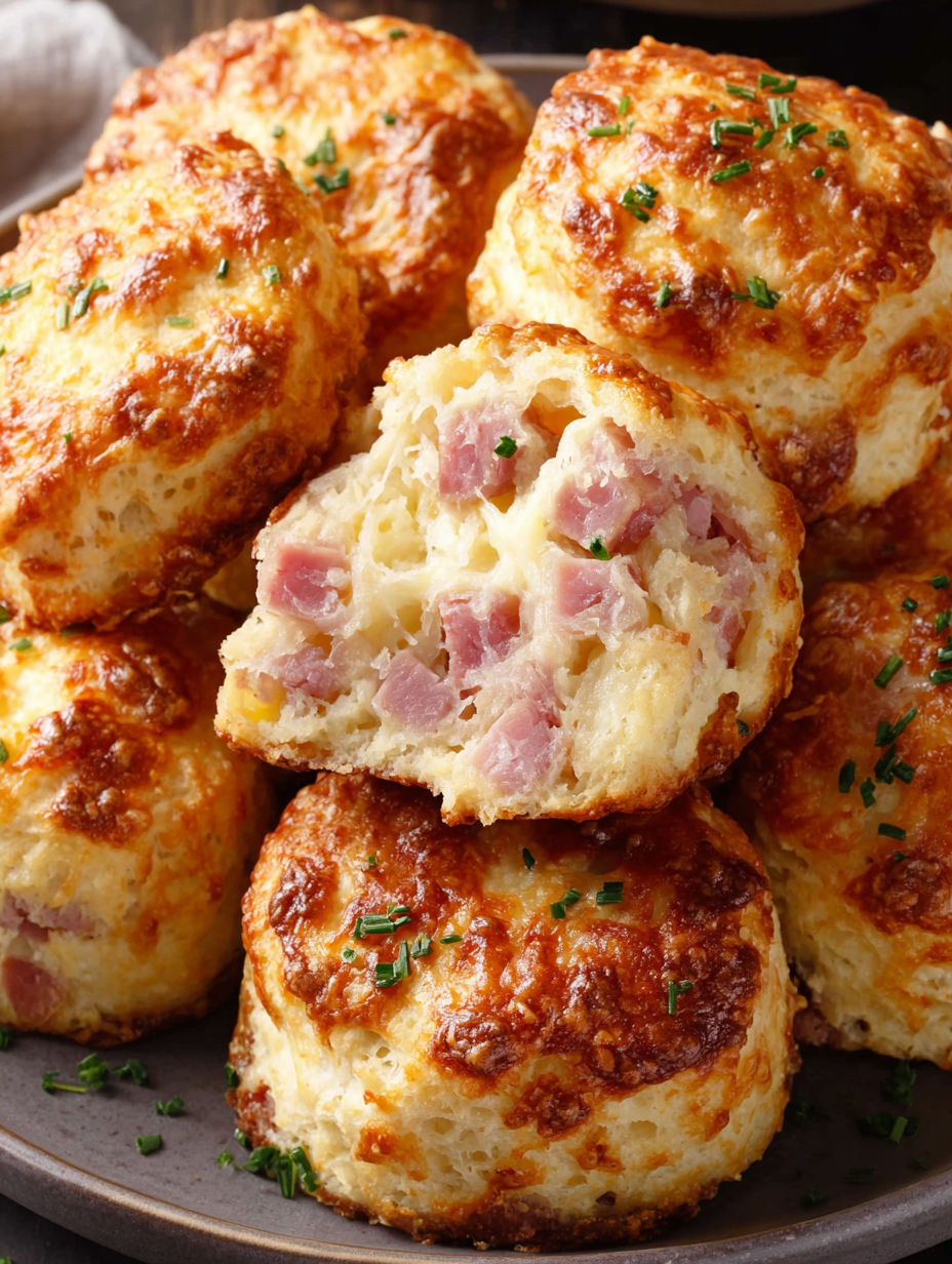 A plate of savory ham and cheese butter swim biscuits.