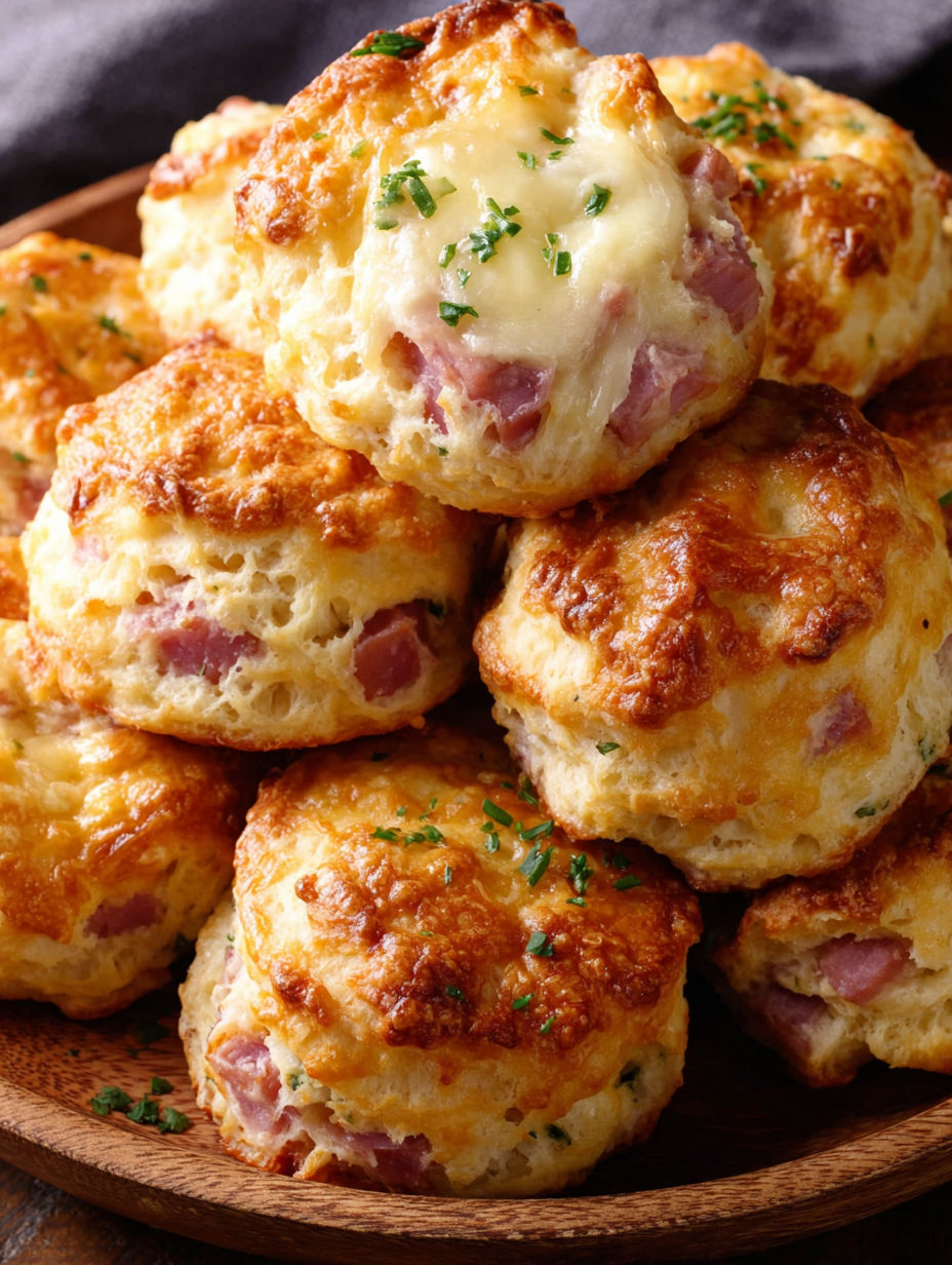 A stack of ham and cheese biscuits.