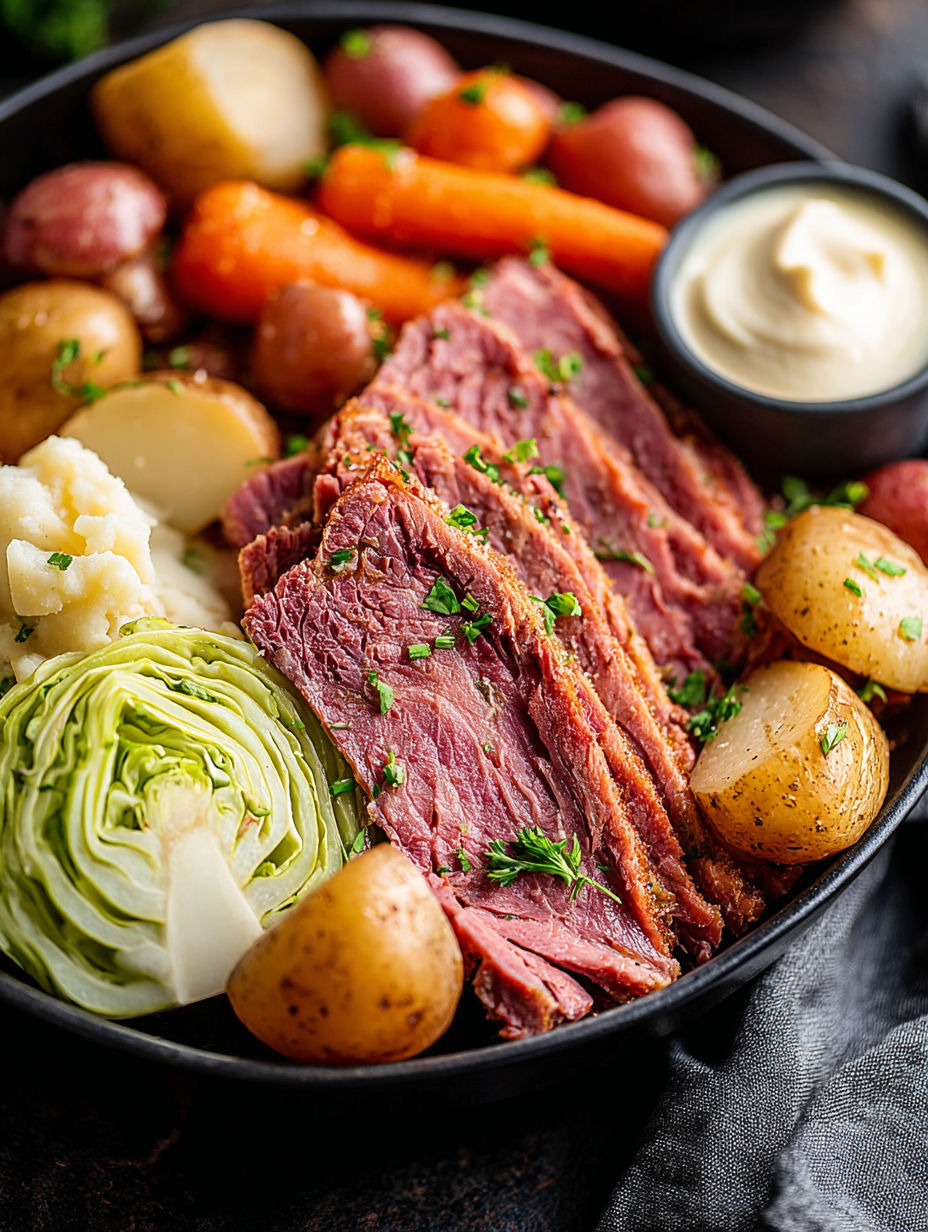 A close up of a crockpot with corned beef and cabbage.