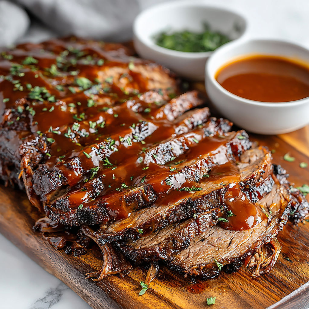A large piece of slow cooked BBQ beef brisket.