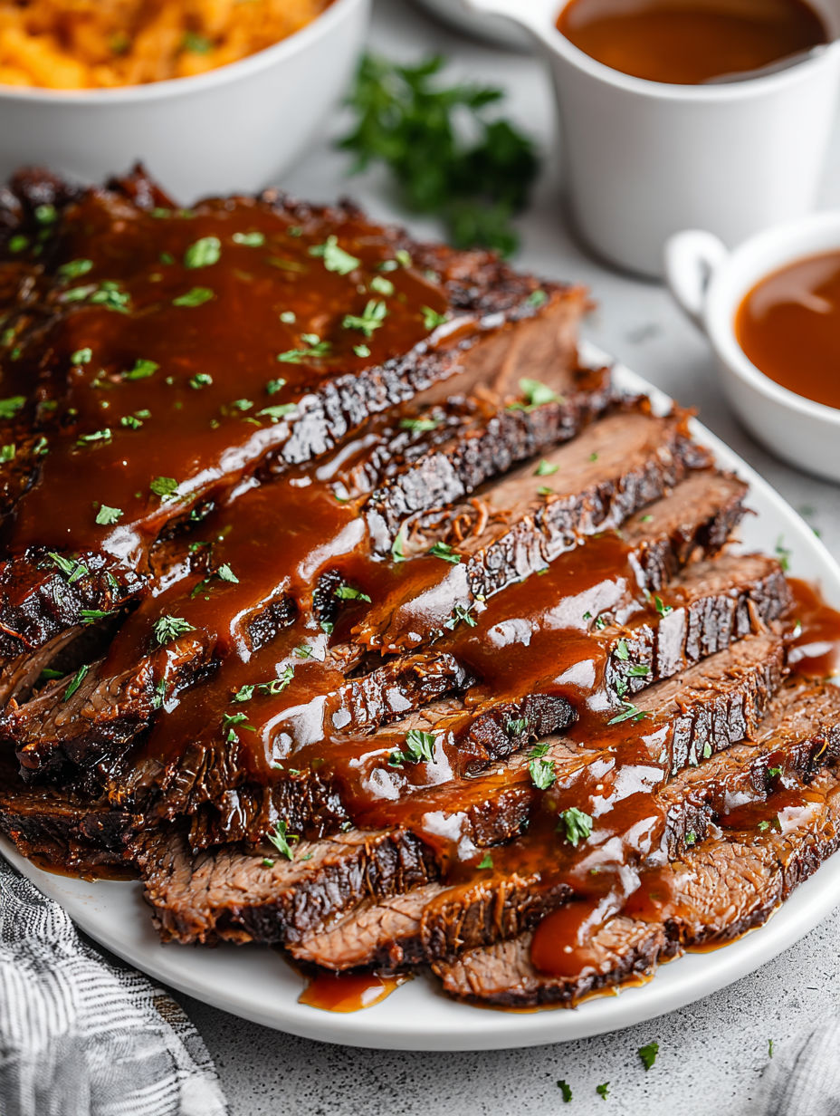 A plate of slow cooked BBQ beef brisket.