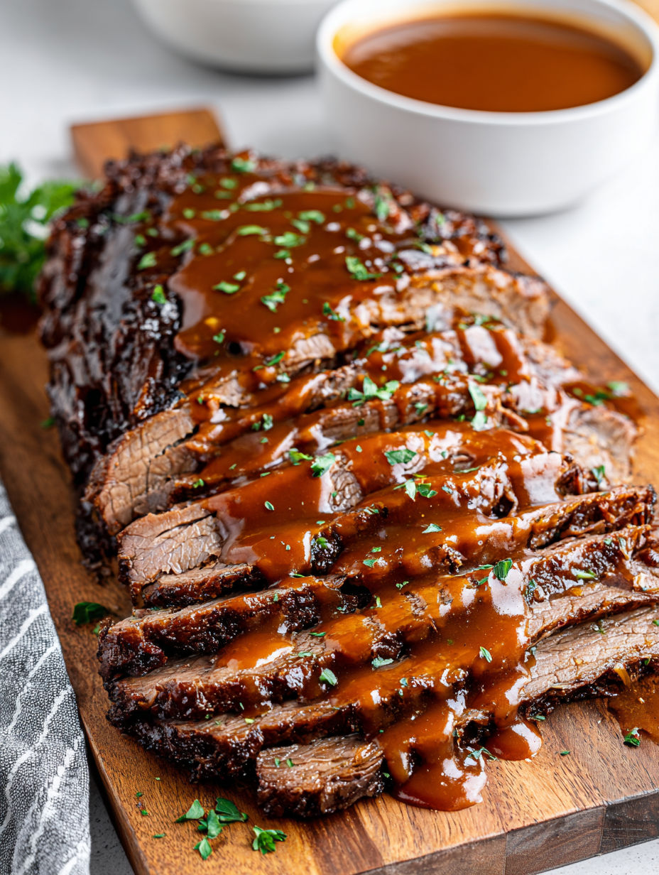 A delicious slow cooked BBQ beef brisket.