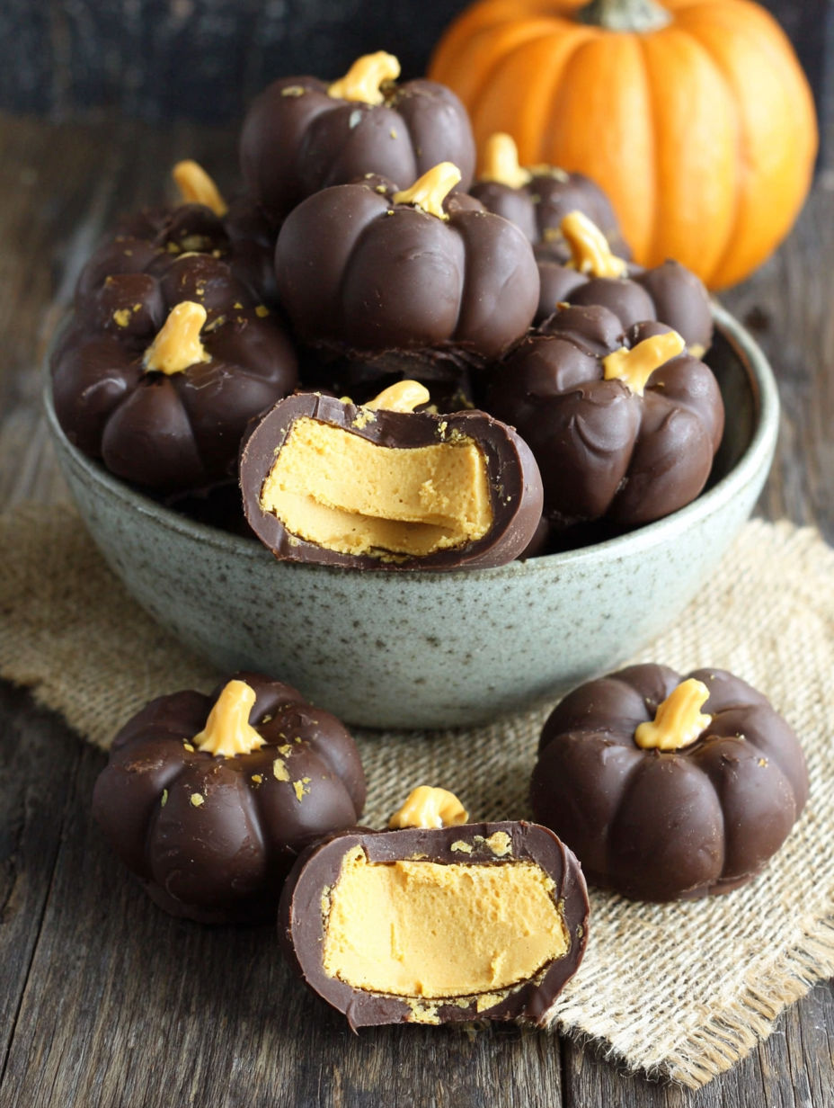 A bowl of chocolate peanut butter pumpkins.