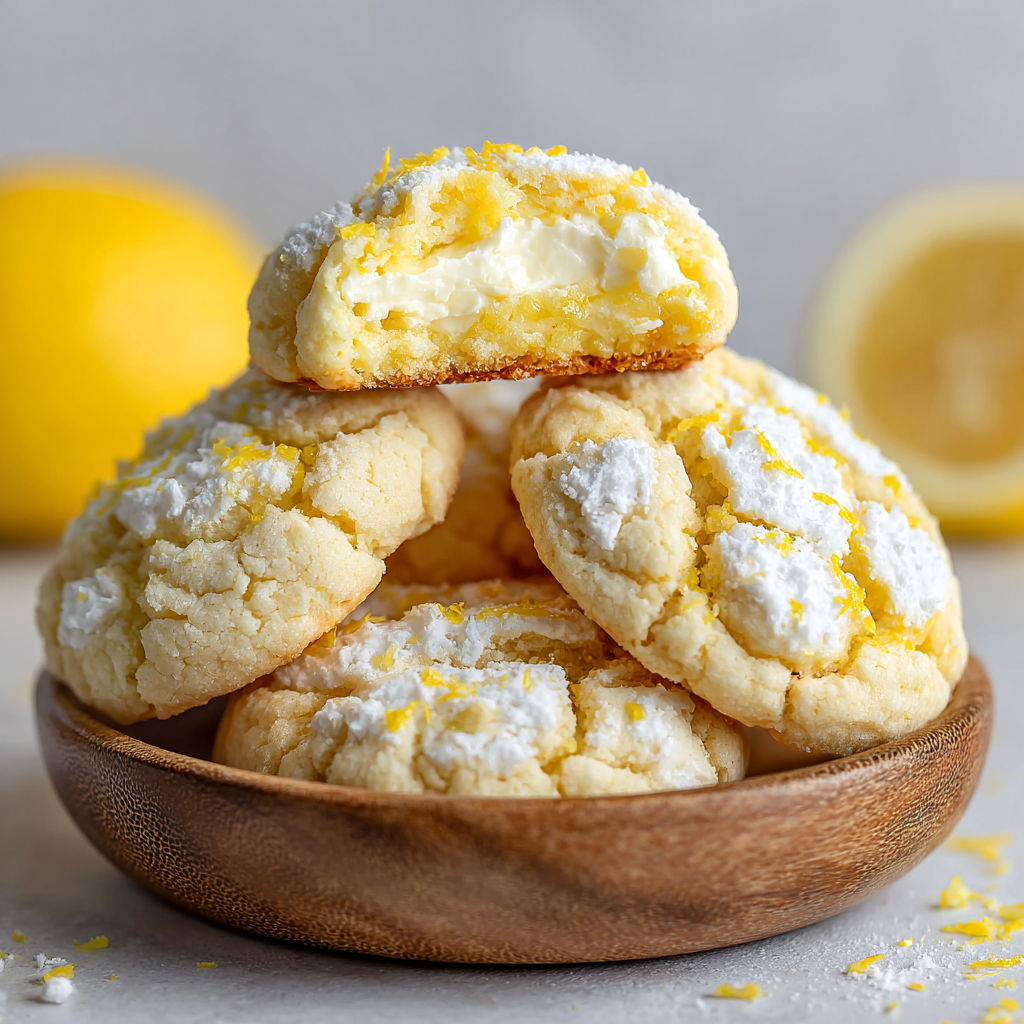 Lemon Cheesecake Cookies stacked in a wooden bowl.