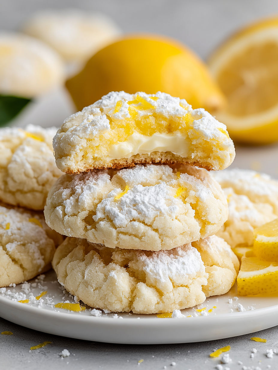 A plate of cookies with lemon and white powder on top.