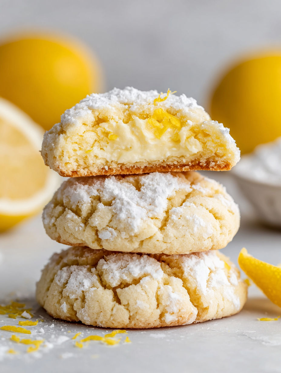 A stack of cookies with lemon and white powder on top.