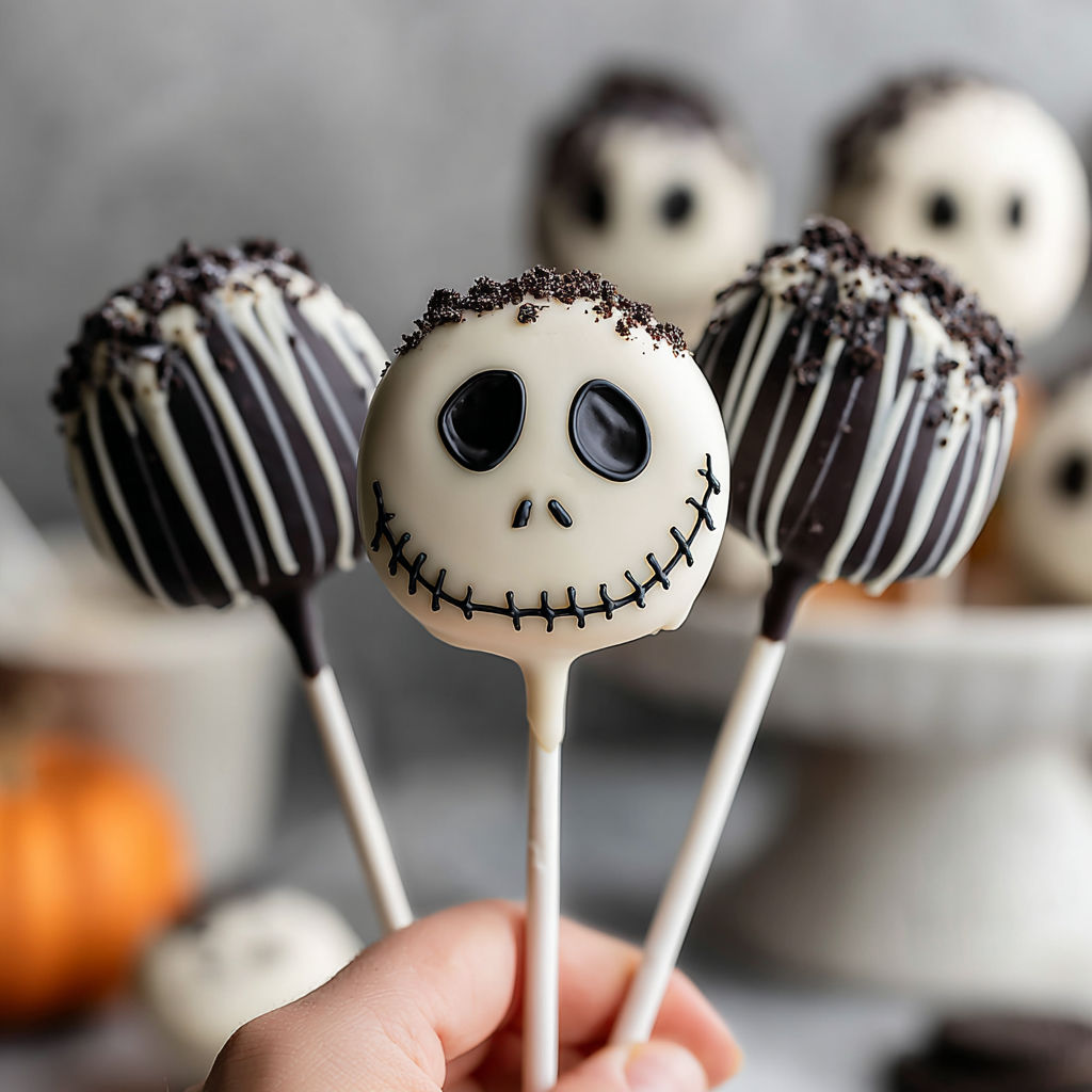 A person holding a Jack Skellington Oreo pop.