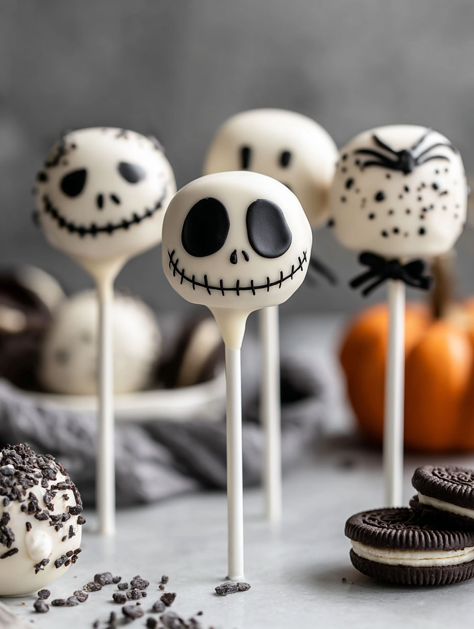 Jack Skellington Oreo Pops on a table.