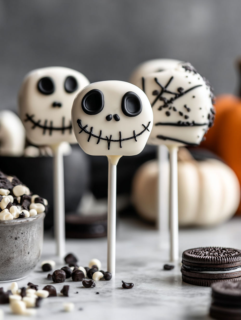 Three Jack Skellington Oreo Pops on a table.