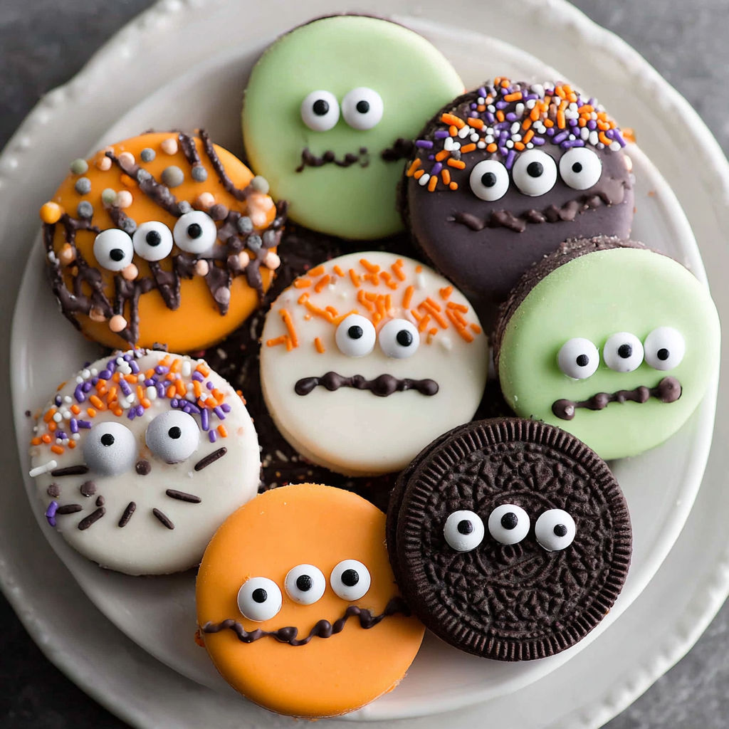 A plate of Halloween cookies with creepy faces on them.