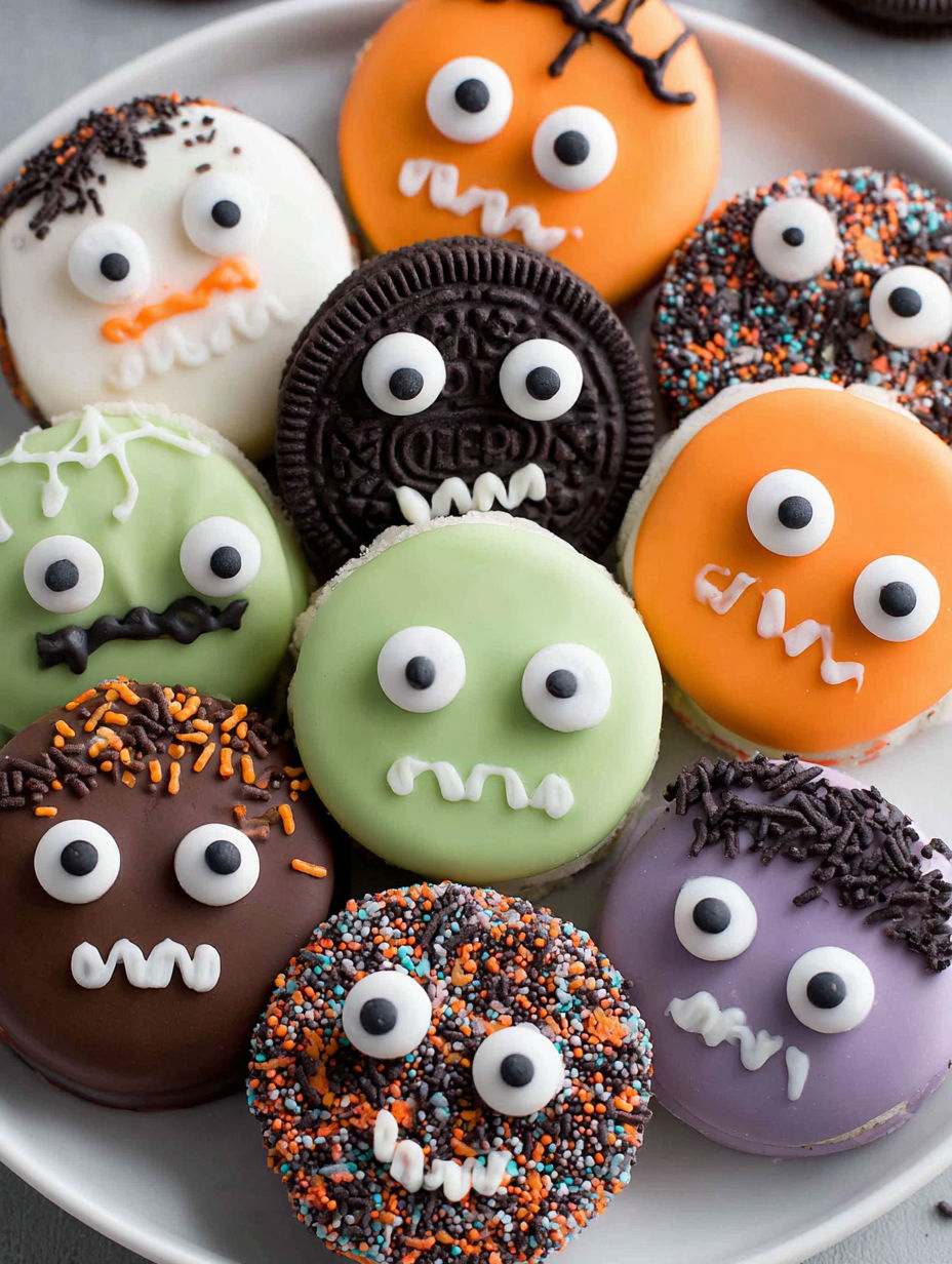 A plate of Halloween cookies with faces on them.