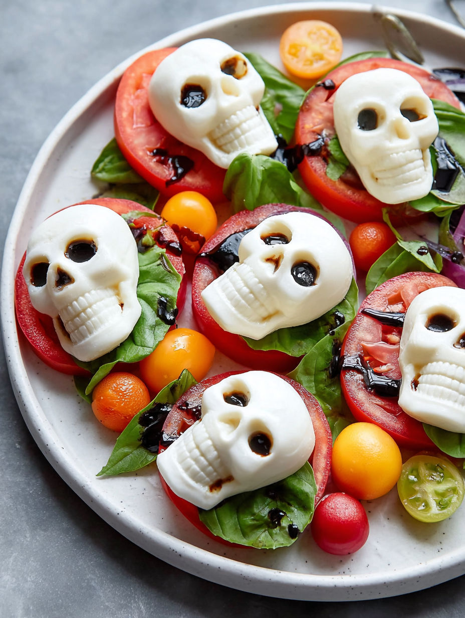 A plate of Caprese salad with mozzarella skulls on top.