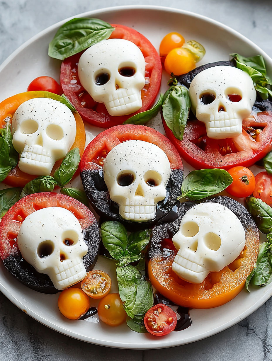 A plate of Caprese salad with mozzarella skulls.
