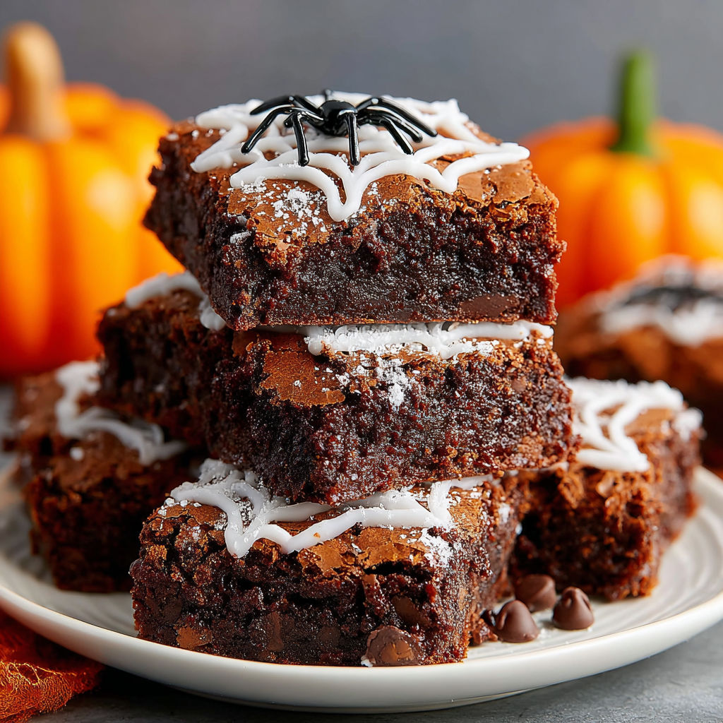 A plate of brownies with white icing and a spider web design.