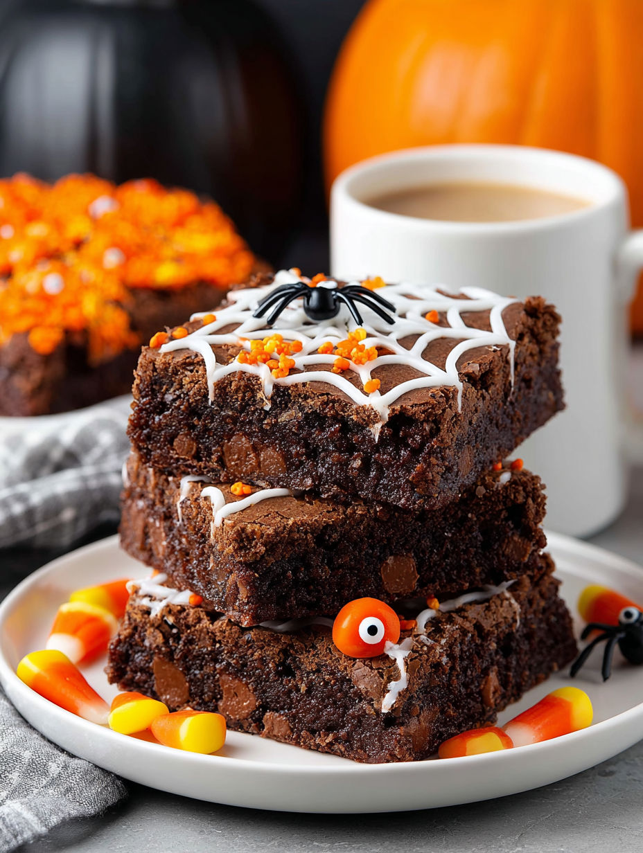 Three pieces of brownies with a spider web design on top.