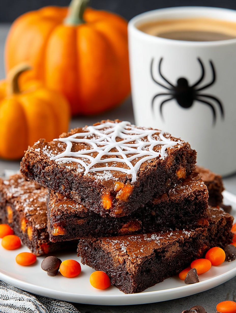 A plate of brownies with a spider web design on top.