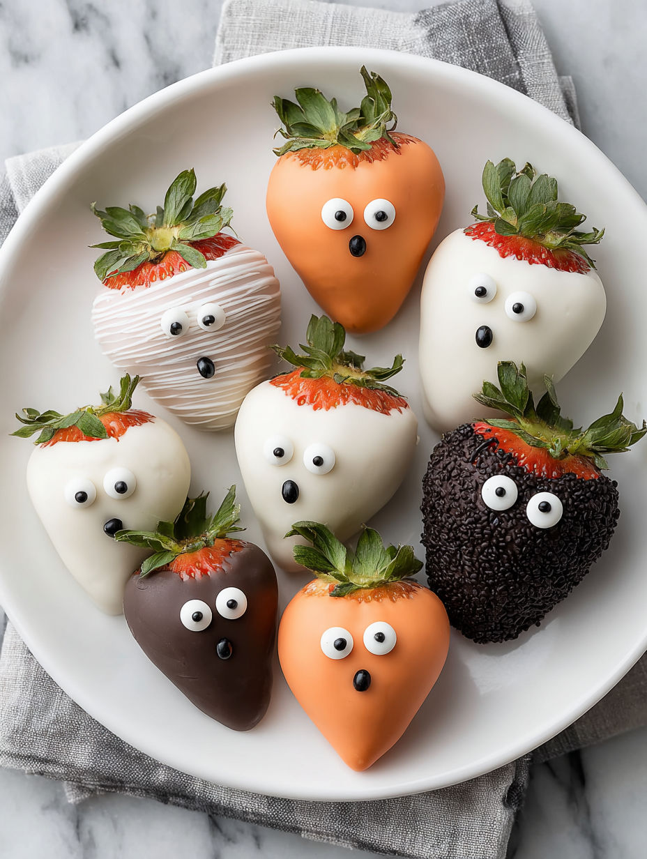 A plate of chocolate covered strawberries with googly eyes.