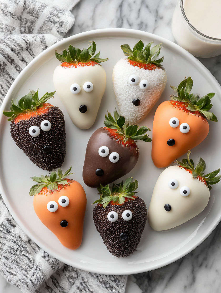 A plate of chocolate covered strawberries with eyes drawn on them.