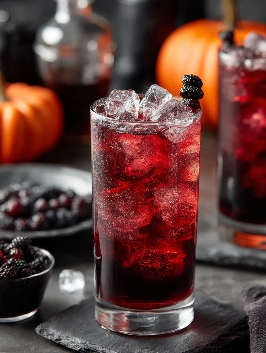 A glass of a red drink with blackberries in it.